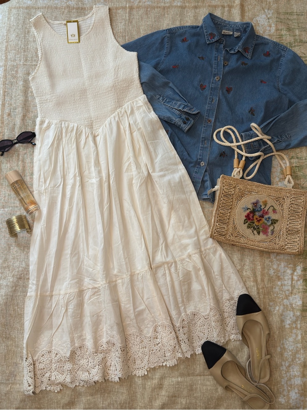 Cream  Midi Dress with Crochet eyelets Hem